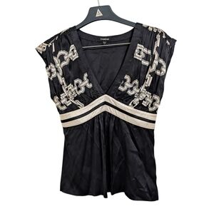 Bebe Silk Blouse V Neck Sleeveless Y2K Black White Women's S